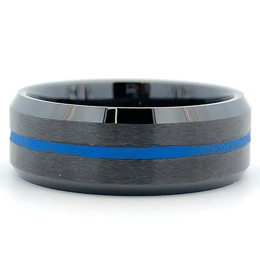 Black Ceramic Men's Band with Blue Accent