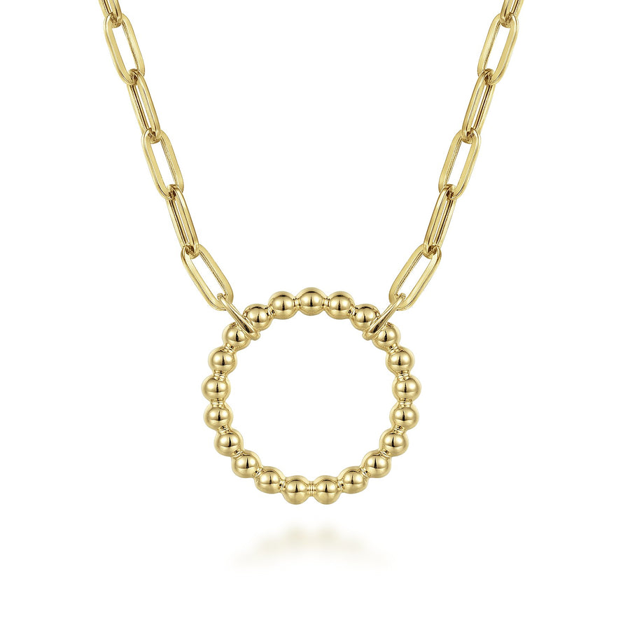 14KT Yellow Gold Bujukan Ball Circle Necklace with Paperclip Chain