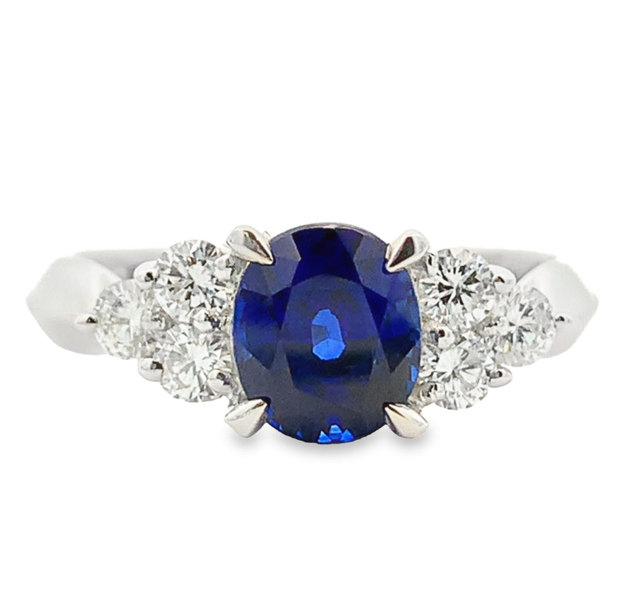 Platinum 1.60CT Blue Sapphire Ring with 6 Diamonds