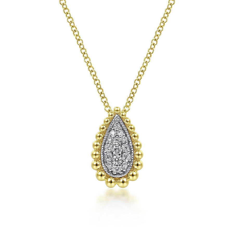 14KT Yellow Gold Teardrop Diamond Pavé Pendant Necklace with Beaded Frame